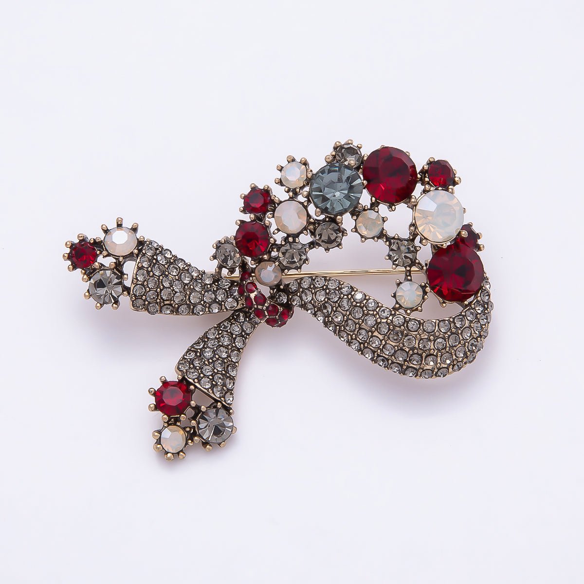 Gold 57mm x 35mm Multicolor Rhinestone Bow Ribbon Pin Brooch | BH-124