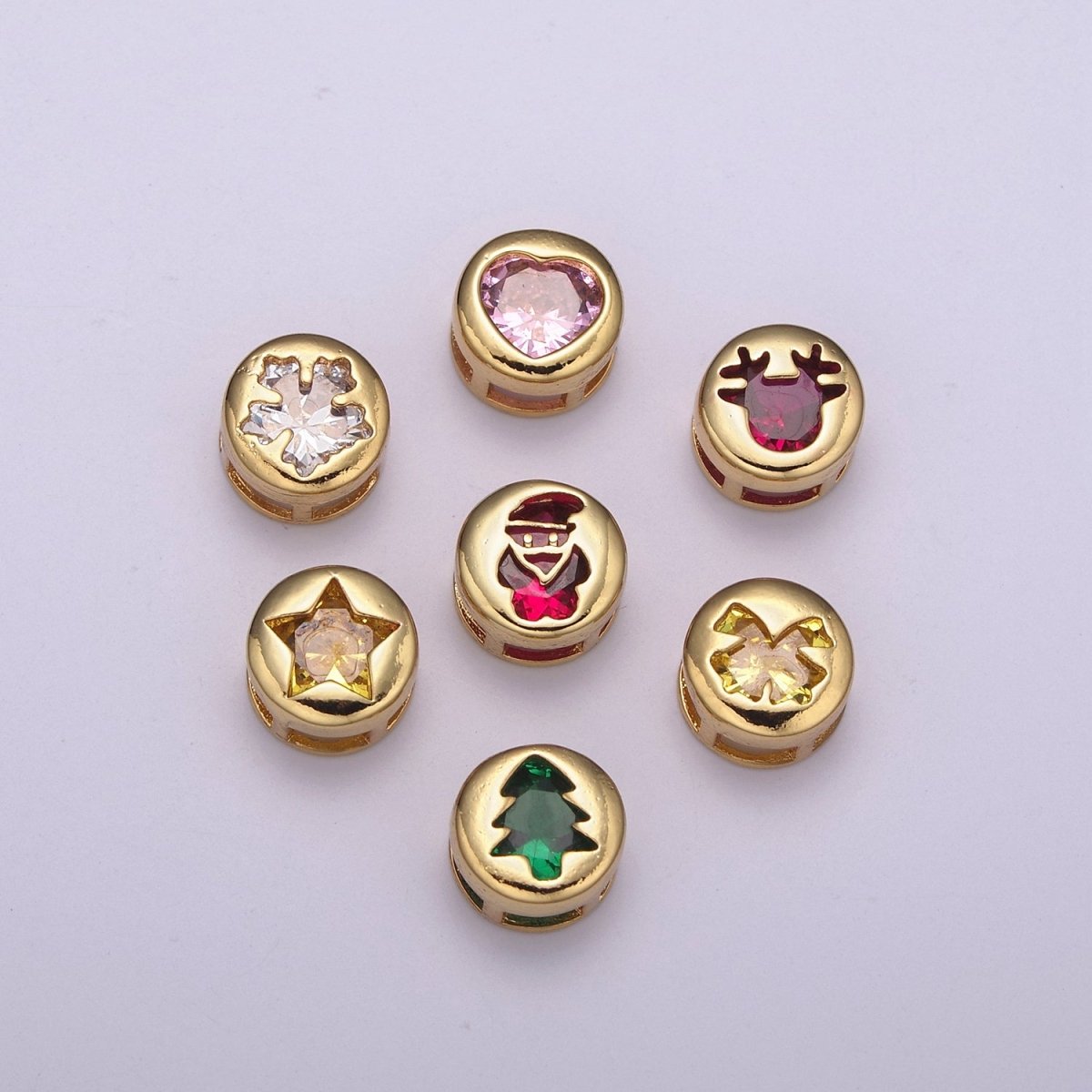 Gold Christmas Bead Spacer For Bracelet Making - Christmas Jewelry Supplies Gift - Santa Raindeer Bow Christmas Tree Star Snowflake Heart Bead with Cubic Zirconia B-766 to B-772