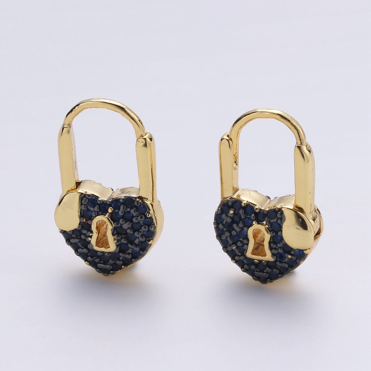 Gold earrings with Cz padlock charm, Heart Lock Charm Gold Mini Hoops Micro Pave Czl Hoops Minimalist and everyday use hoops K-627 - K-632