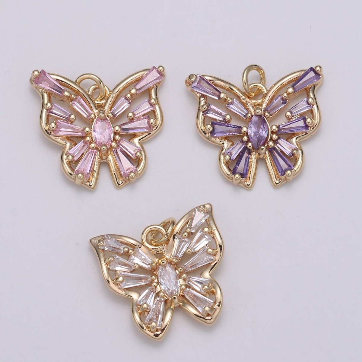 Gold Filled Clear, Pink, Purple Baguette Butterfly Wings Mini Charm E-101 - E-102