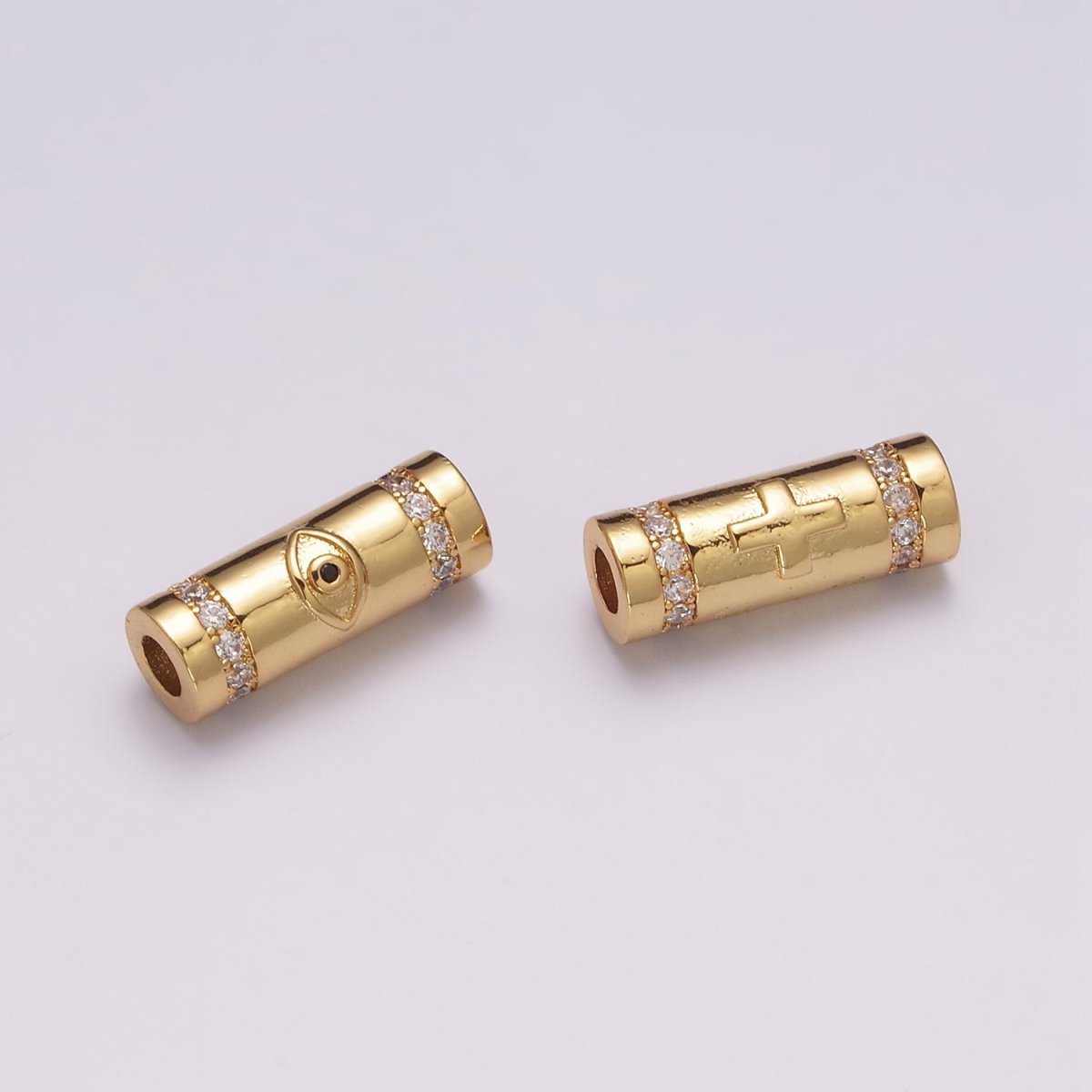 Gold Filled Evil Eye / Religious Cross Long Tube Spacer Barrel Beads in Gold & Silver | B-709 B-710