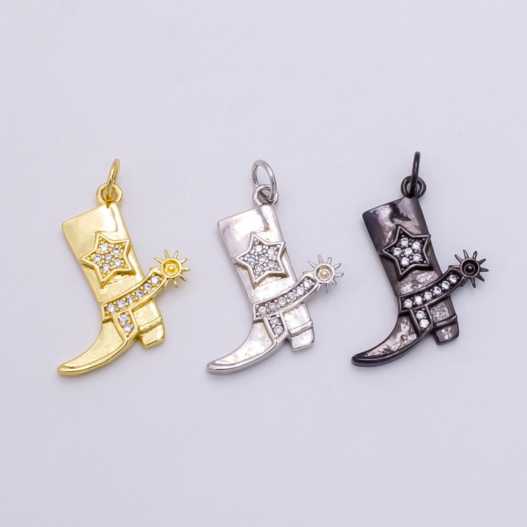 Gold Filled Micro Paved CZ Star Country Cowboy Boots Charm in Gold, Silver, Black | C-247