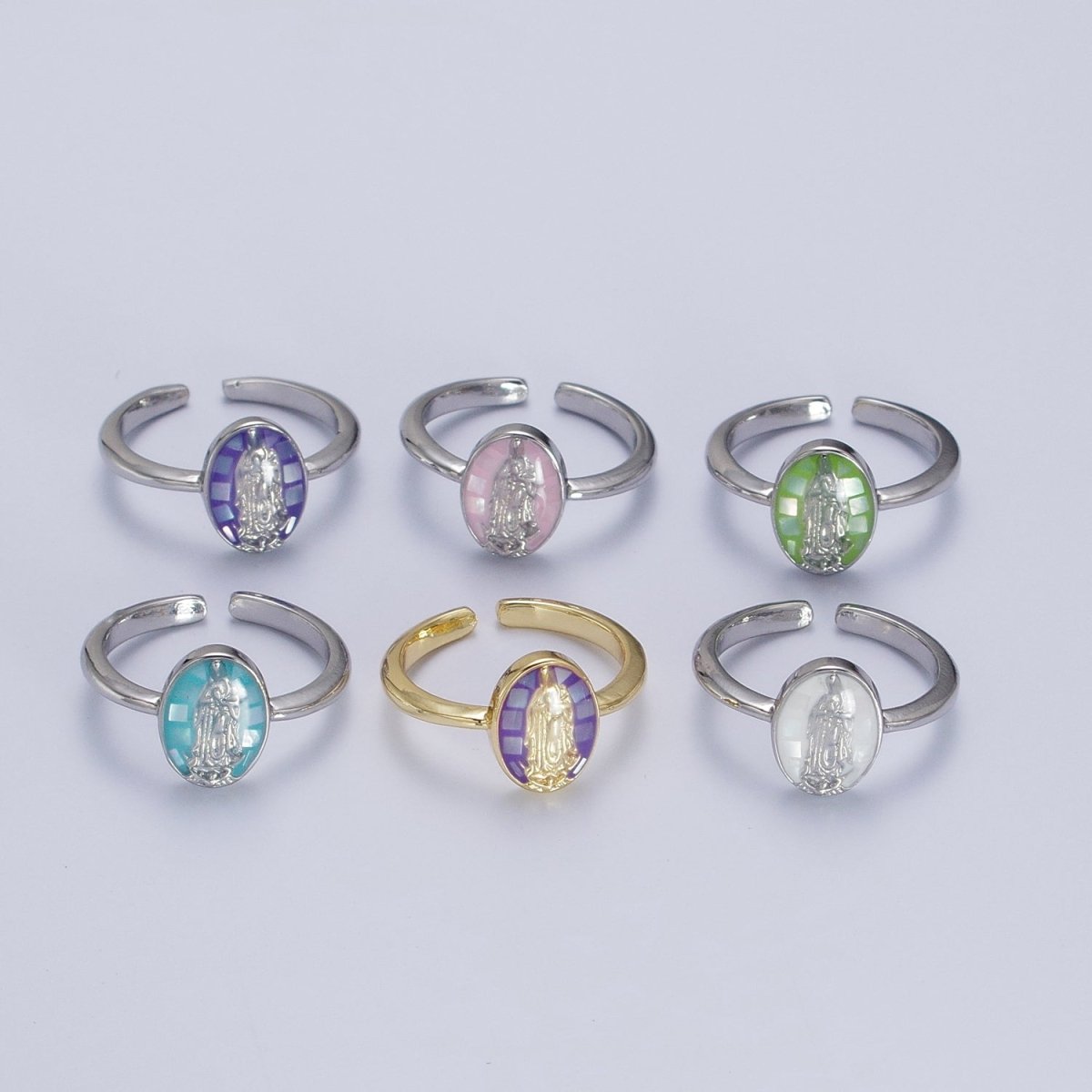 Gold Filled Oval Virgin Mother Mary Shell Opal Ring in Gold & Silver S-397 - S-400, O-200-204