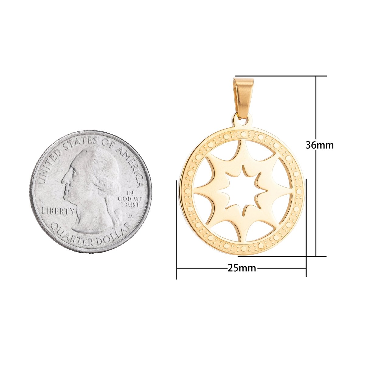 Gold Filled Sun Ray Symbol in Coin Medallion Necklace Pendant Bracelet Earring Charm Bails for Jewelry Making J-366