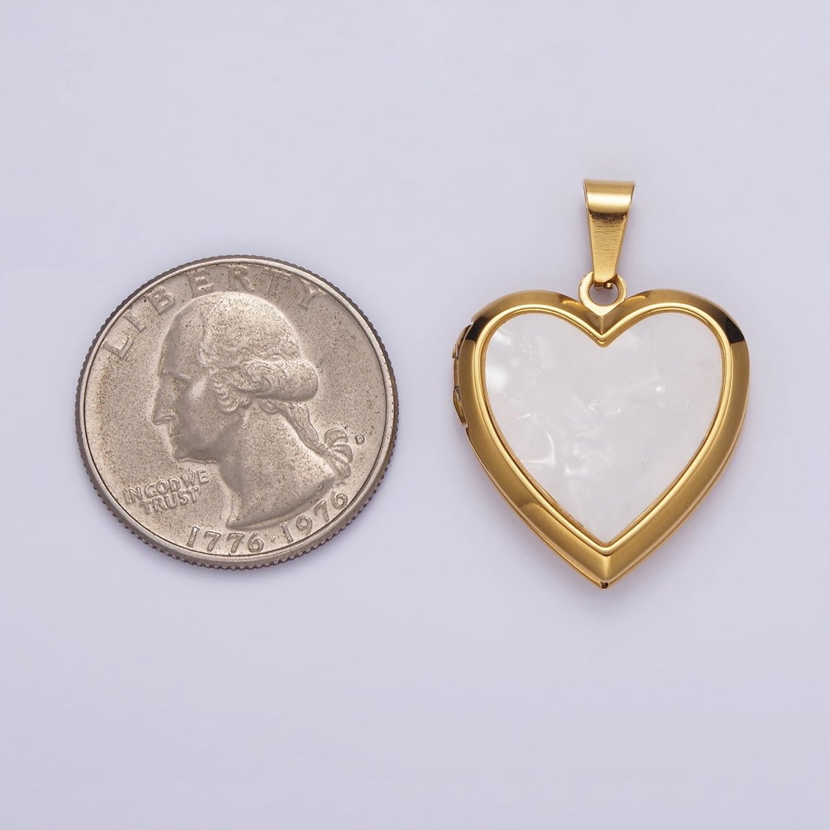 Gold Stainless Steel 25mm White Shell Pearl Heart Locket Pendant | P-831