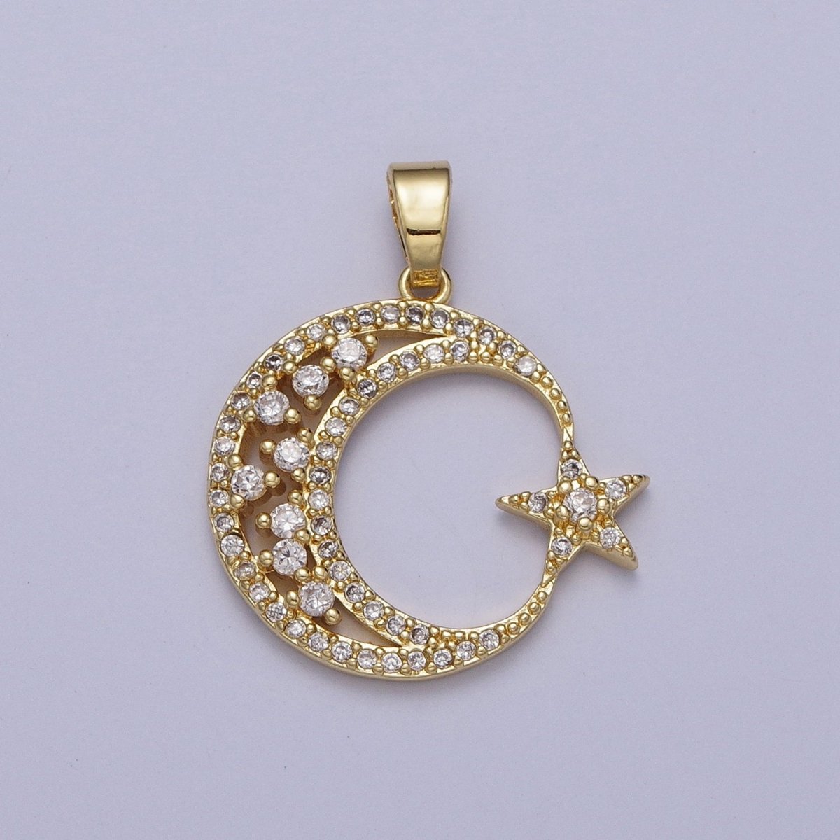 25mm Gold Micro Paved CZ Celestial Crescent Moon Star Pendant | H834