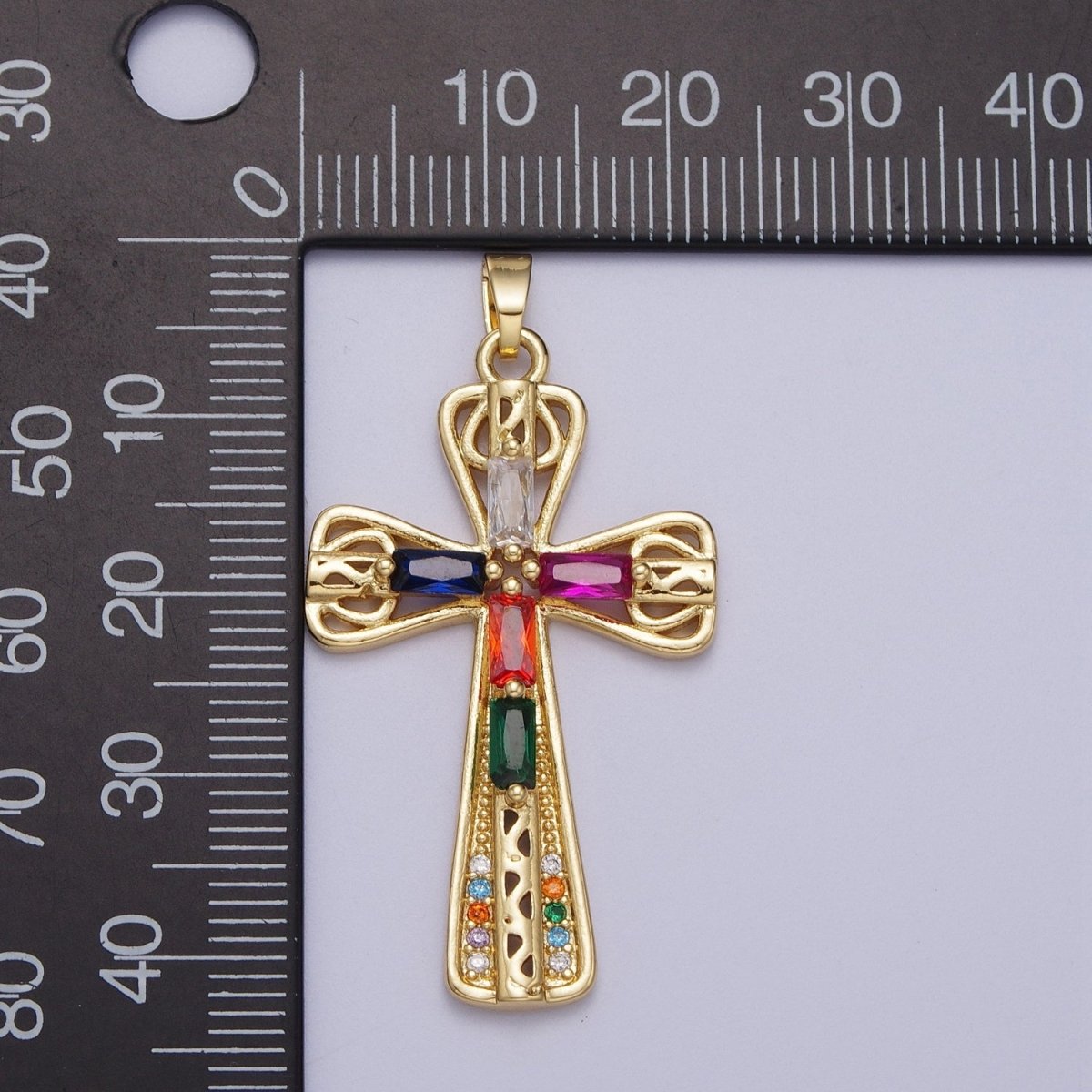 Gold Multicolor/Clear Cross Micro Paved Round Baguette CZ Religious Pendant For Jewelry Making | X-544 X-545