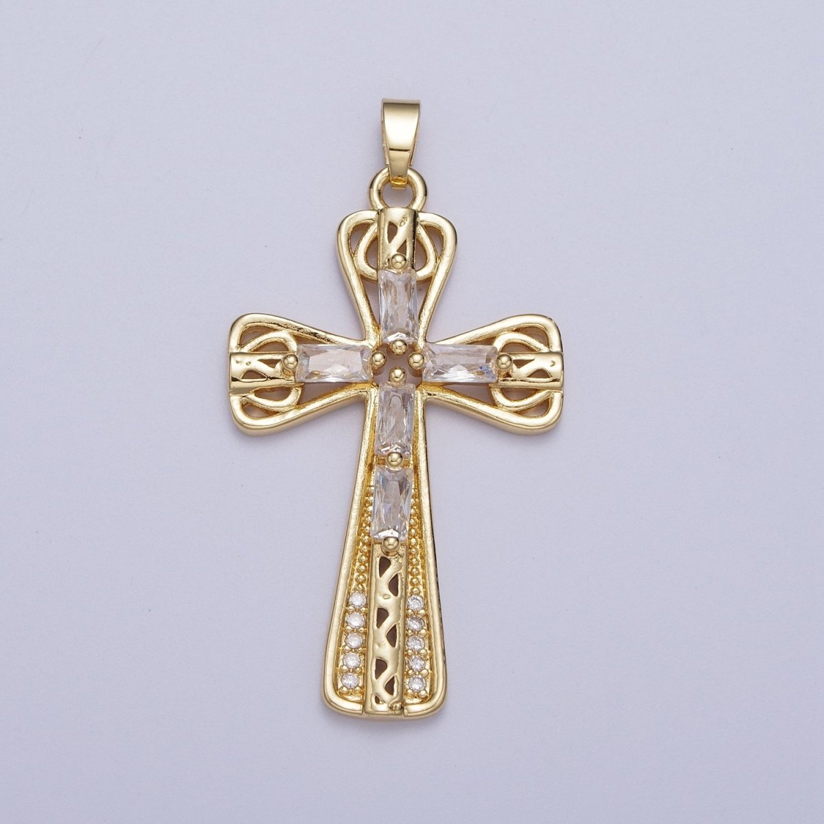 Gold Multicolor/Clear Cross Micro Paved Round Baguette CZ Religious Pendant For Jewelry Making | X-544 X-545