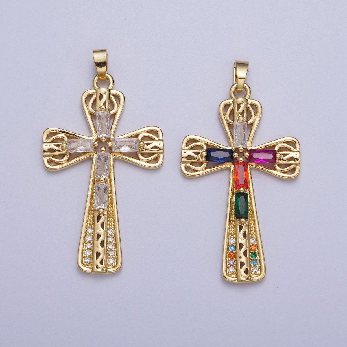 Gold Multicolor/Clear Cross Micro Paved Round Baguette CZ Religious Pendant For Jewelry Making | X-544 X-545