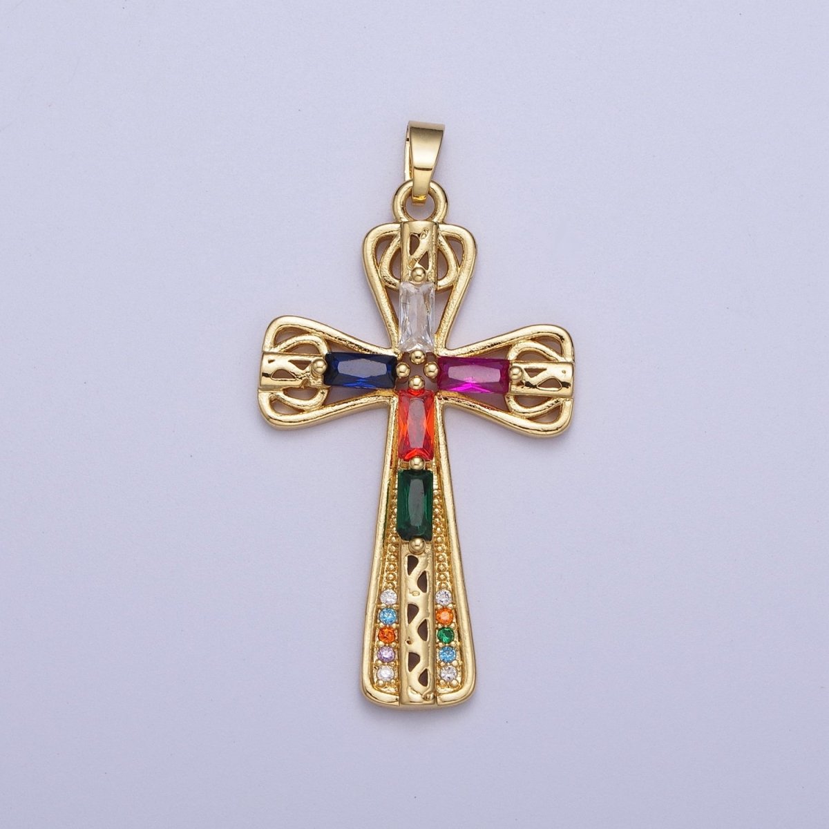 Gold Multicolor/Clear Cross Micro Paved Round Baguette CZ Religious Pendant For Jewelry Making | X-544 X-545