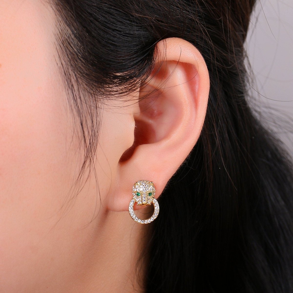 Gold Panther Earring CZ Micro Pave Stud Earring Dainty Leopard Earrings, Animal Cat Earrings, Jaguar Earrings, Panther Stud Earrings Q-297