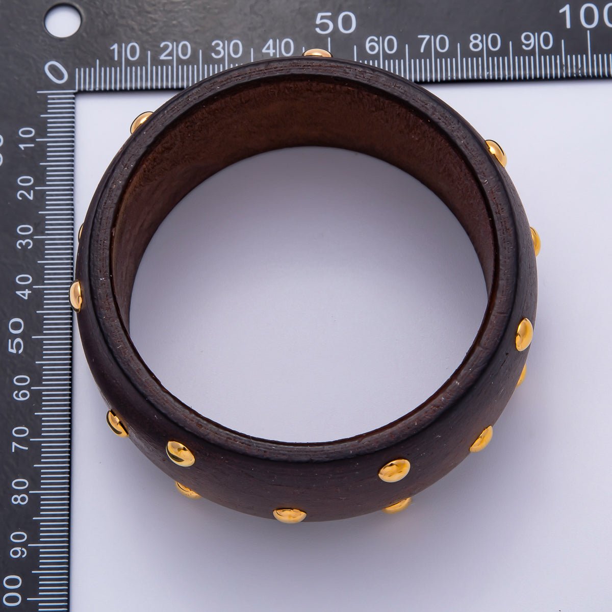 Gold Round Dotted Studded Brown Wood Wide Bangle Bracelet | WA-04296
