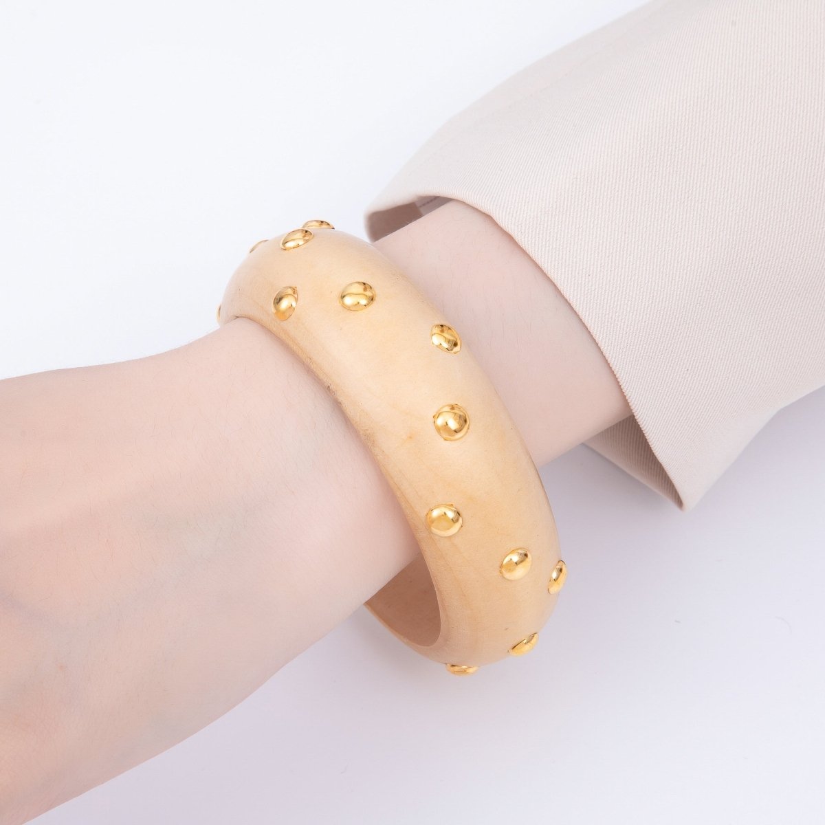 Gold Round Dotted Studded Light Brown Wood Bangle Bracelet | WA-04328