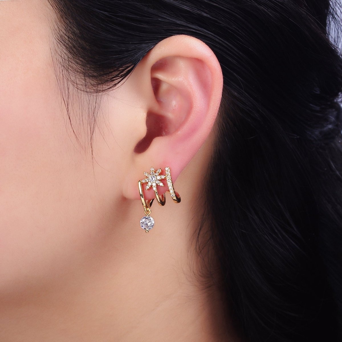 Gold, Silver Celestial Star Flower CZ Drop Micro Paved Triple Band Claw Stud Earrings | AD1054 AD1055