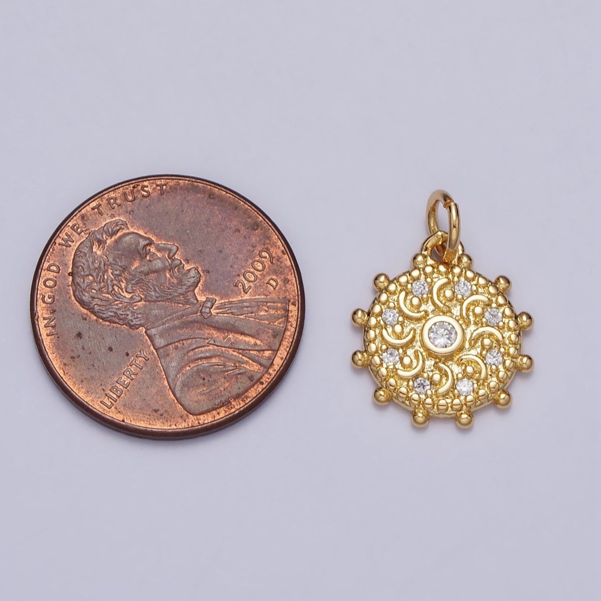 Gold, Silver Clear CZ Celestial Crescent Moon Textured Dotted Outline Round Charm | AC973 AC1009