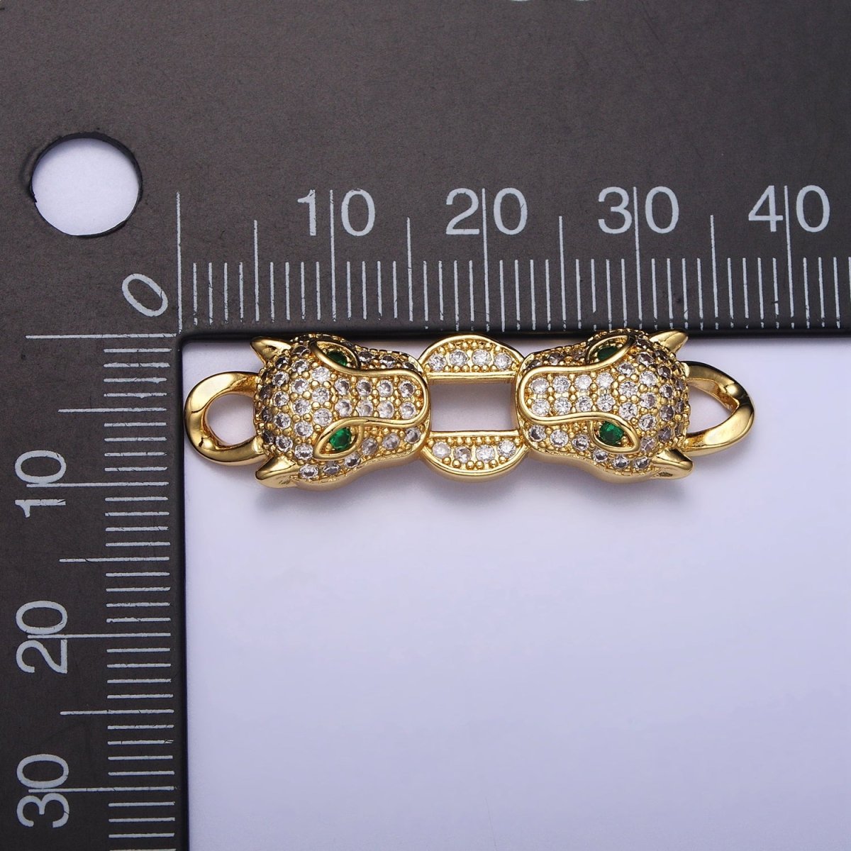 Gold, Silver Double Green-Eyed Panther Leopard Head Micro Paved CZ Curb Link Connector | Y-871