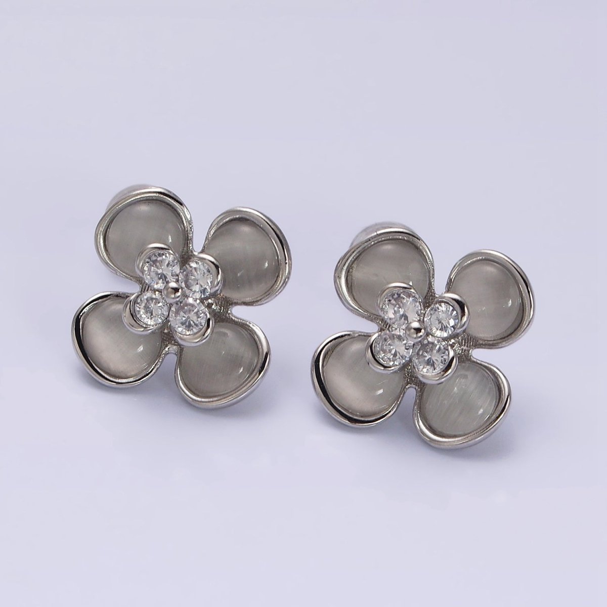 Gold, Silver Flower Cats Eye Gemstone Micro Paved CZ Stud Earrings | AD954 AD955