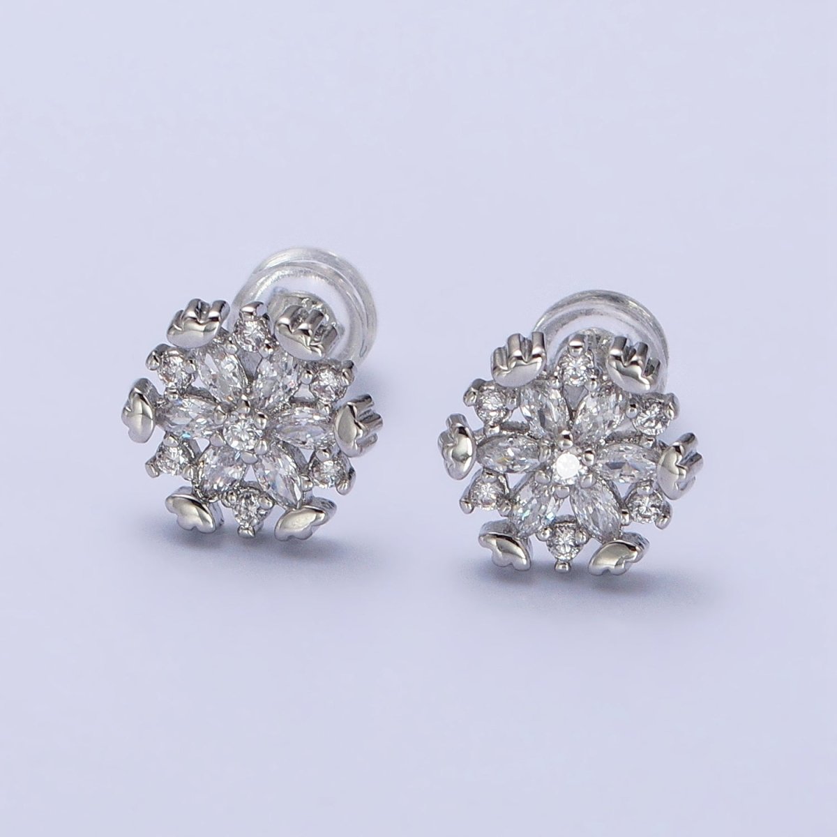 Gold, Silver Flower Snowflake Clear CZ Marquise Stud Earrings | AB372 AB373