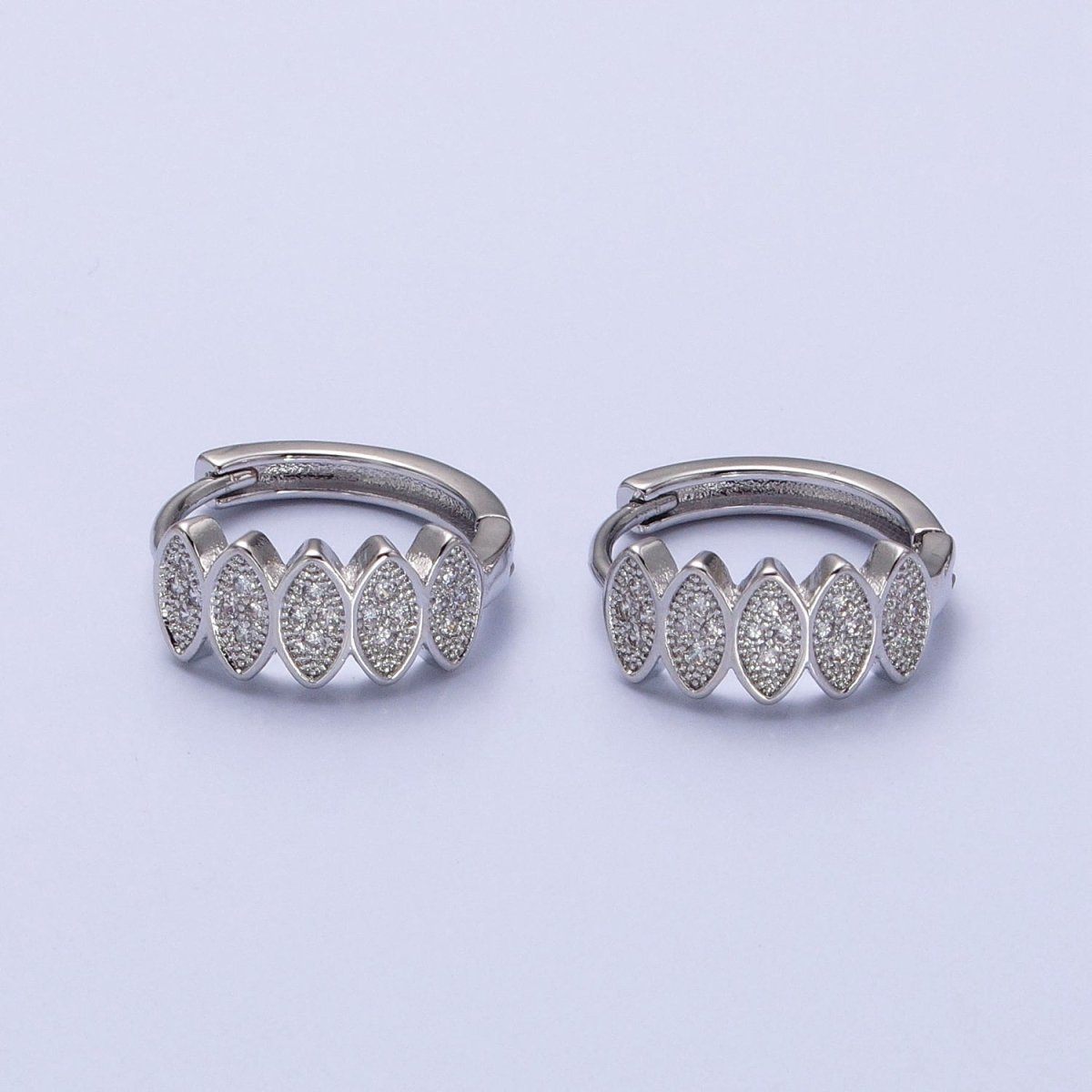 Gold, Silver Micro Paved CZ Marquise Geometric Lined 15mm Huggie Earrings | AB505 AB511