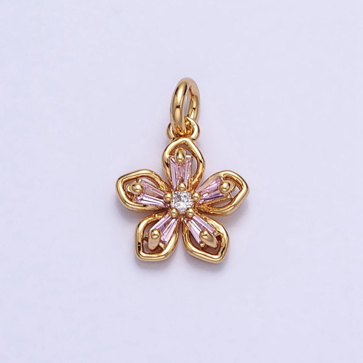 Gold, Silver Pink Baguette CZ Flower Petal Mini Add-On Charm | AC939 AC940