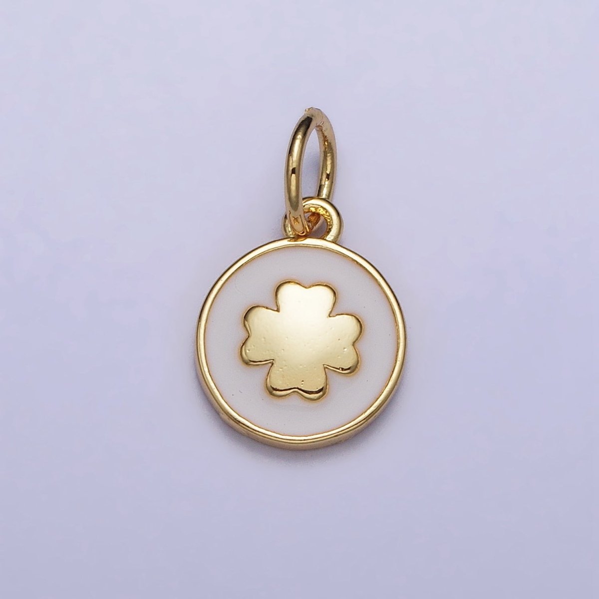 Gold, Silver Quatrefoil Clover White Enamel Round Coin Charm | AC1007 AC1008