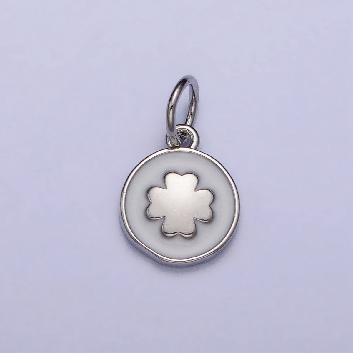 Gold, Silver Quatrefoil Clover White Enamel Round Coin Charm | AC1007 AC1008