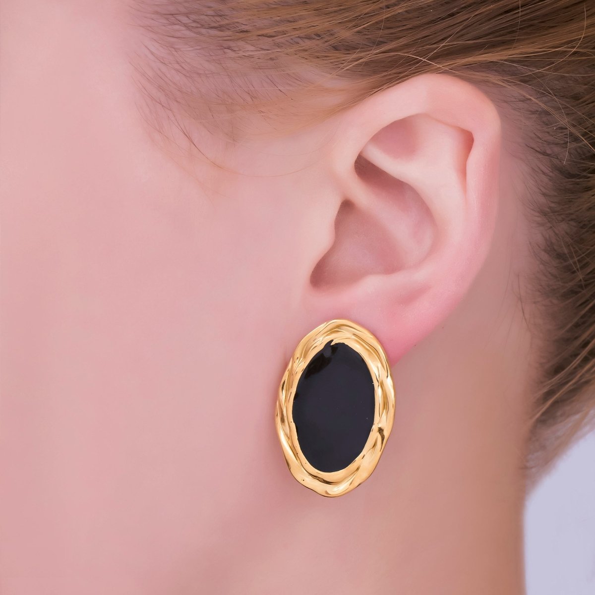 Gold, Silver Stainless Steel Black Enamel Oval Oblong Bezel Stud Earrings | AJ091 AJ092