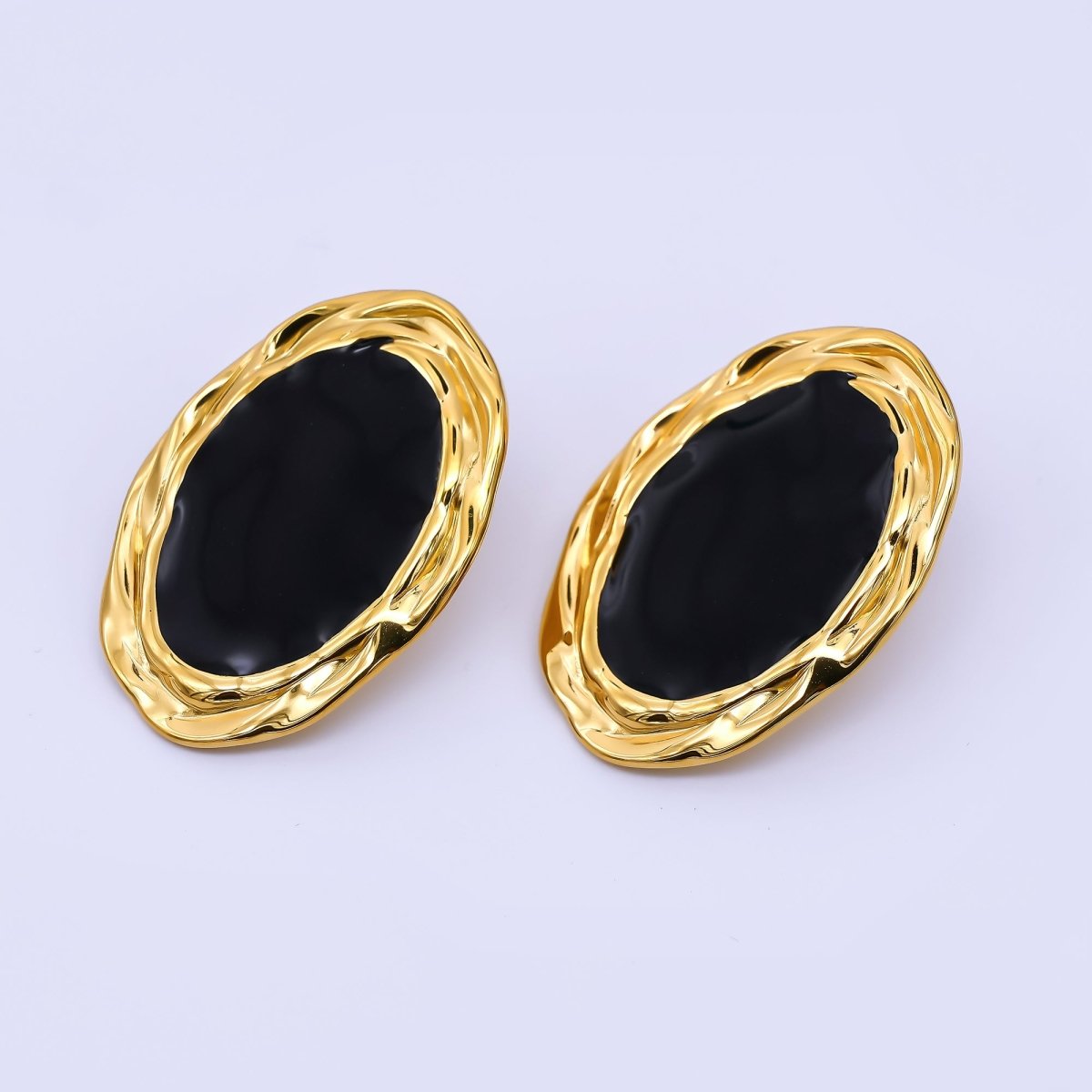 Gold, Silver Stainless Steel Black Enamel Oval Oblong Bezel Stud Earrings | AJ091 AJ092