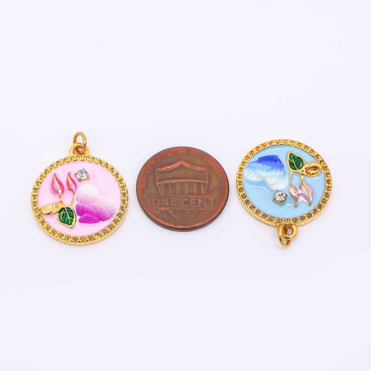 Gold Stainless Steel 23mm Round CZ Hand-Painted Enamel Flower & Heart Charm in Pink & Blue | J012