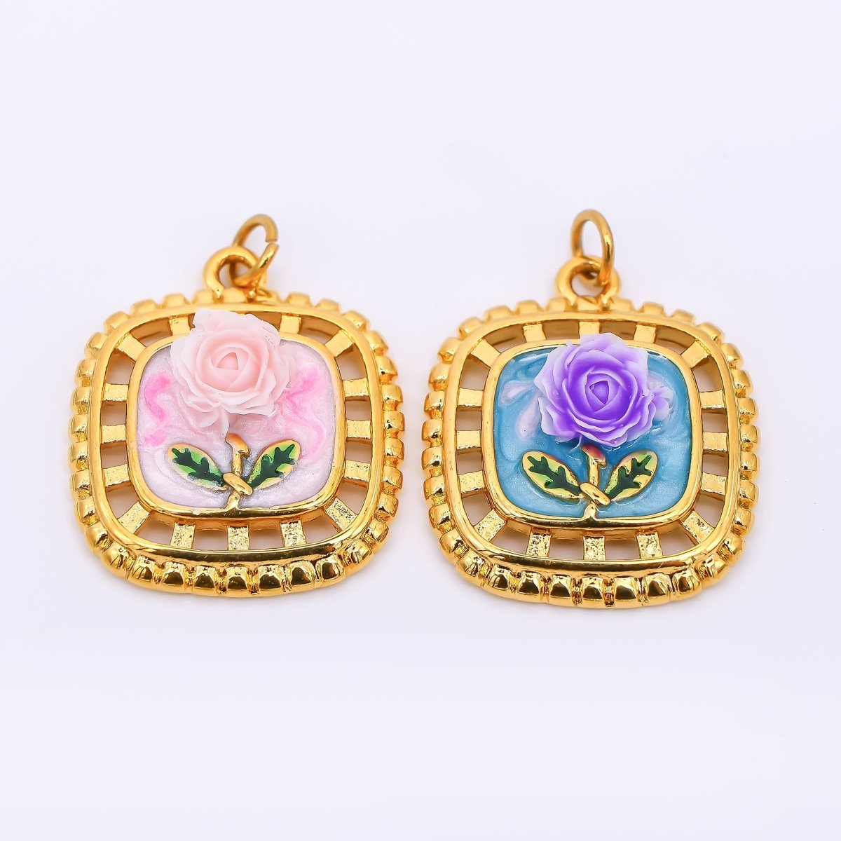 Gold Stainless Steel 24mm Hand-Painted Enamel Locket Flower Charm in Pink & Blue | J028
