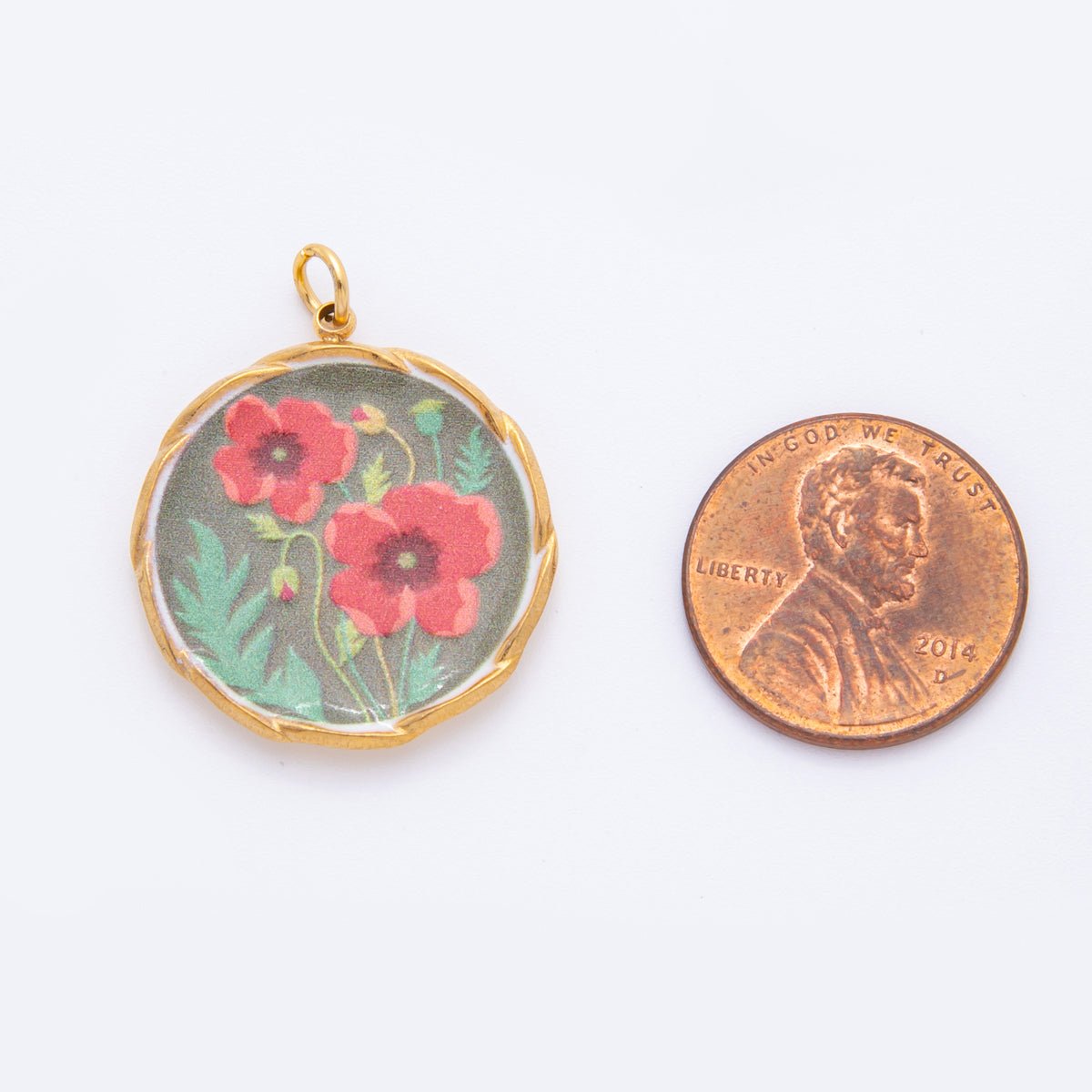Gold Stainless Steel 29mm Hand-Painted Enamel Round Red Poppy Flower Charm | J337