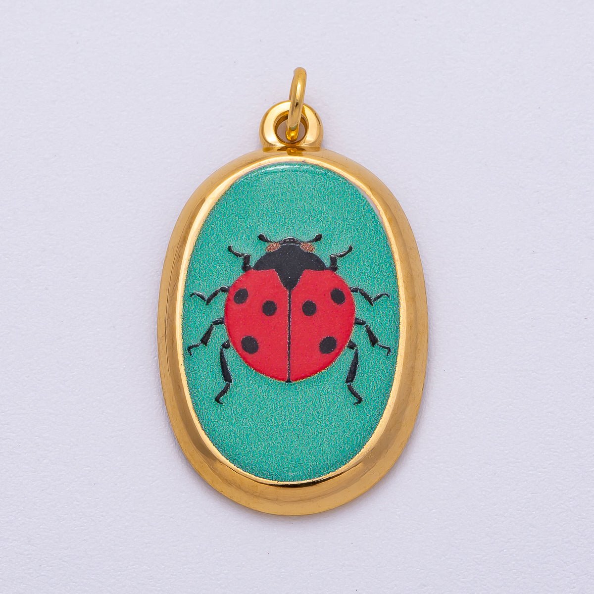 Gold Stainless Steel 31mm Hand-Painted Enamel Oval Ladybug Insect Charm | J420