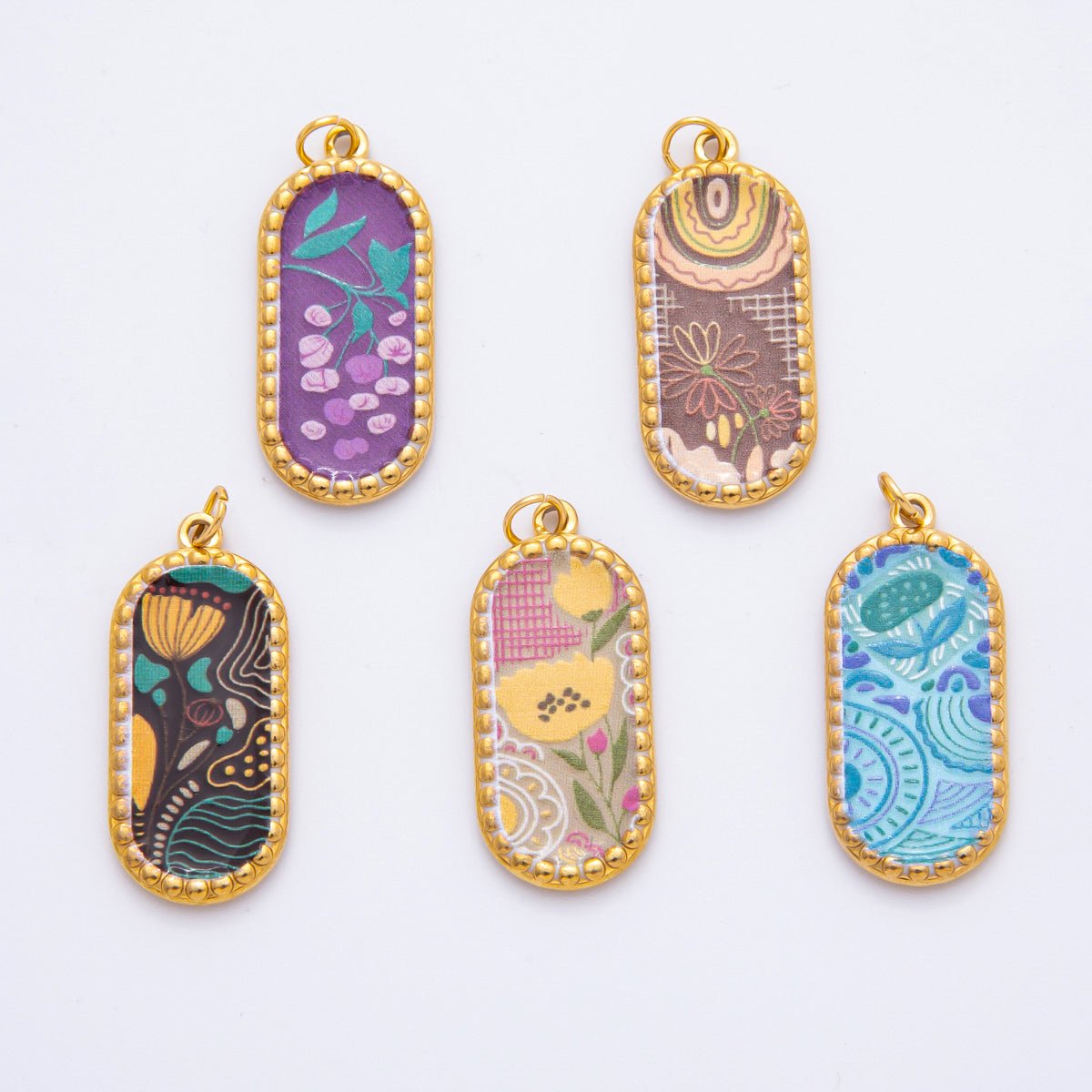 Gold Stainless Steel Blue, Brown, Purple Flower Art Oblong Oval Charm | J00723 - J00770