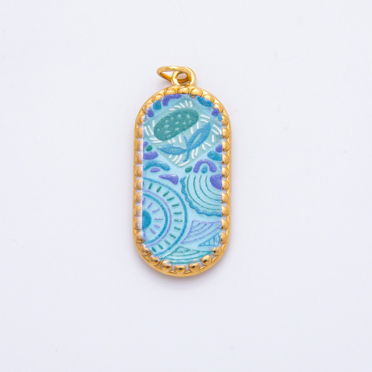 Gold Stainless Steel Blue, Brown, Purple Flower Art Oblong Oval Charm | J00723 - J00770