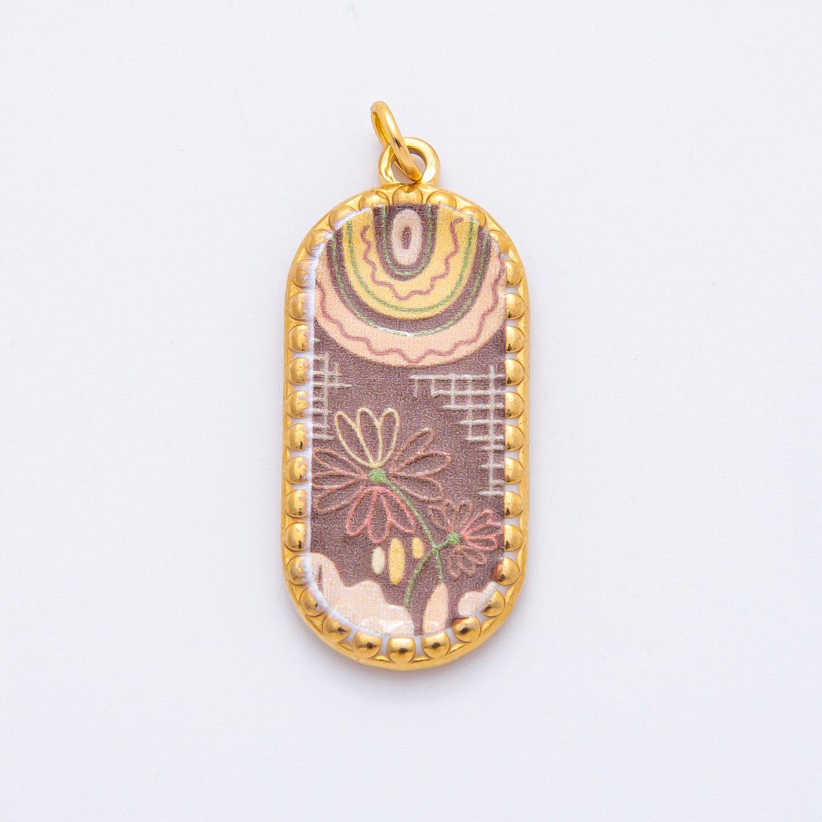 Gold Stainless Steel Blue, Brown, Purple Flower Art Oblong Oval Charm | J00723 - J00770