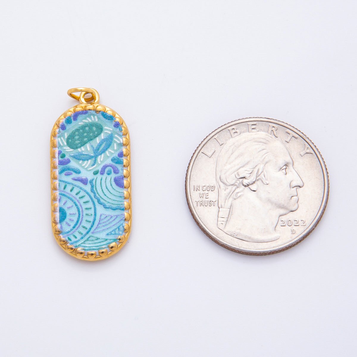 Gold Stainless Steel Blue, Brown, Purple Flower Art Oblong Oval Charm | J00723 - J00770