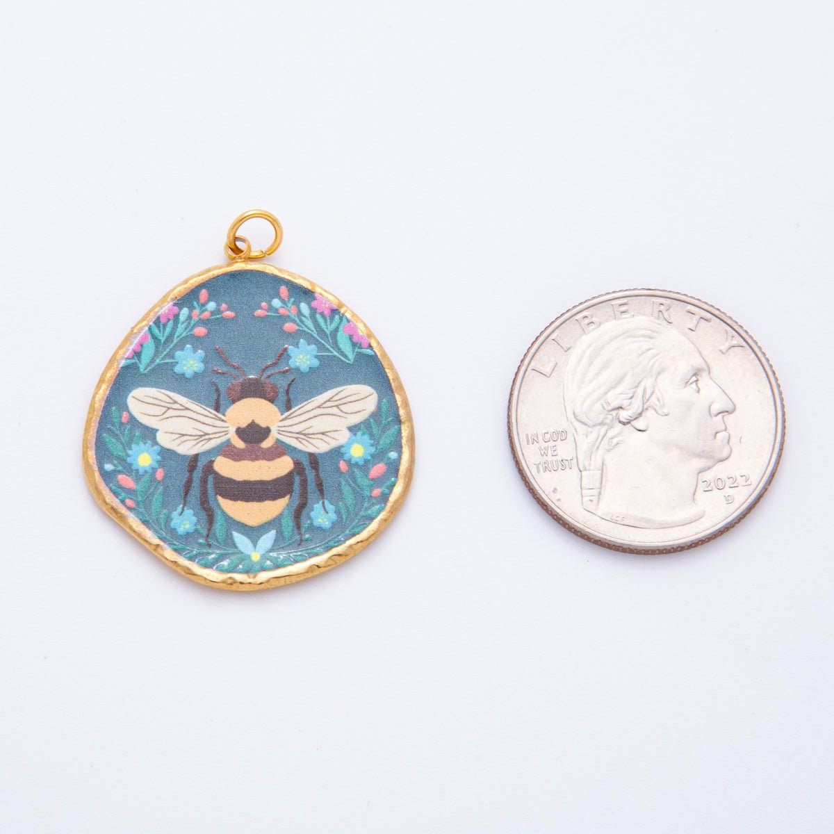 Gold Stainless Steel 36mm Hand-Painted Enamel Small Honey Bee Charm | J445