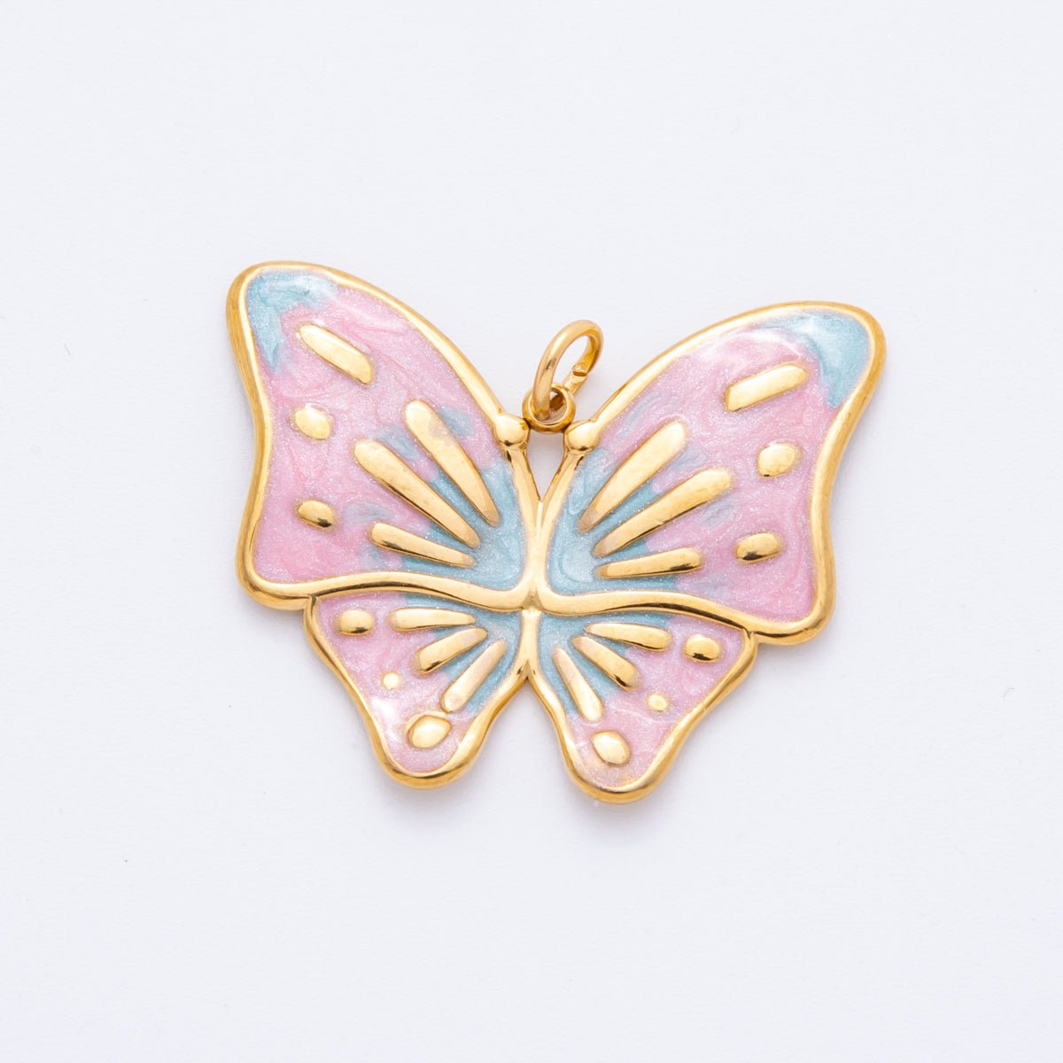 Gold Stainless Steel 48mm Orange & Green Enamel Mariposa Butterfly Dual Colors Charm | J232 J242