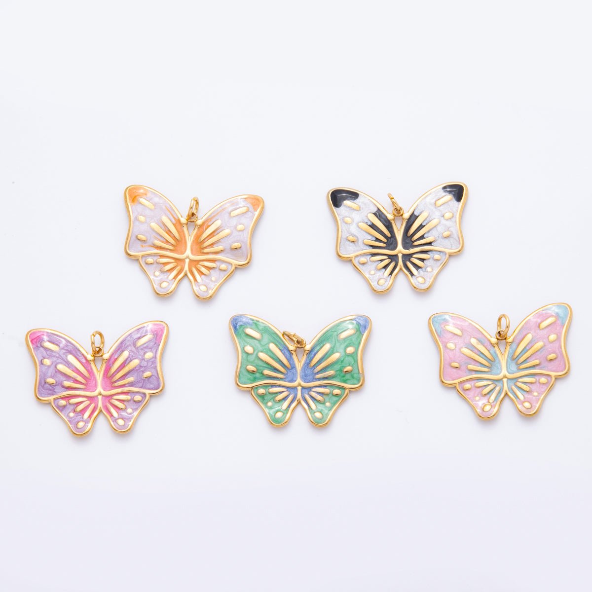 Gold Stainless Steel 48mm Orange & Green Enamel Mariposa Butterfly Dual Colors Charm | J232 J242