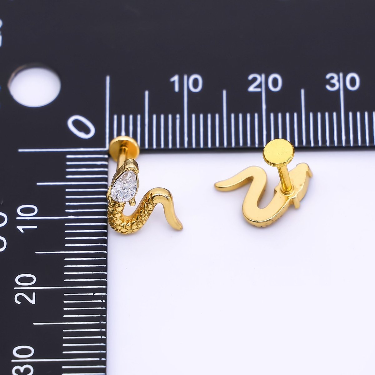 Gold Stainless Steel Clear CZ Teardrop Quilted Snake Serpent Mini Stud Earrings | AB1587