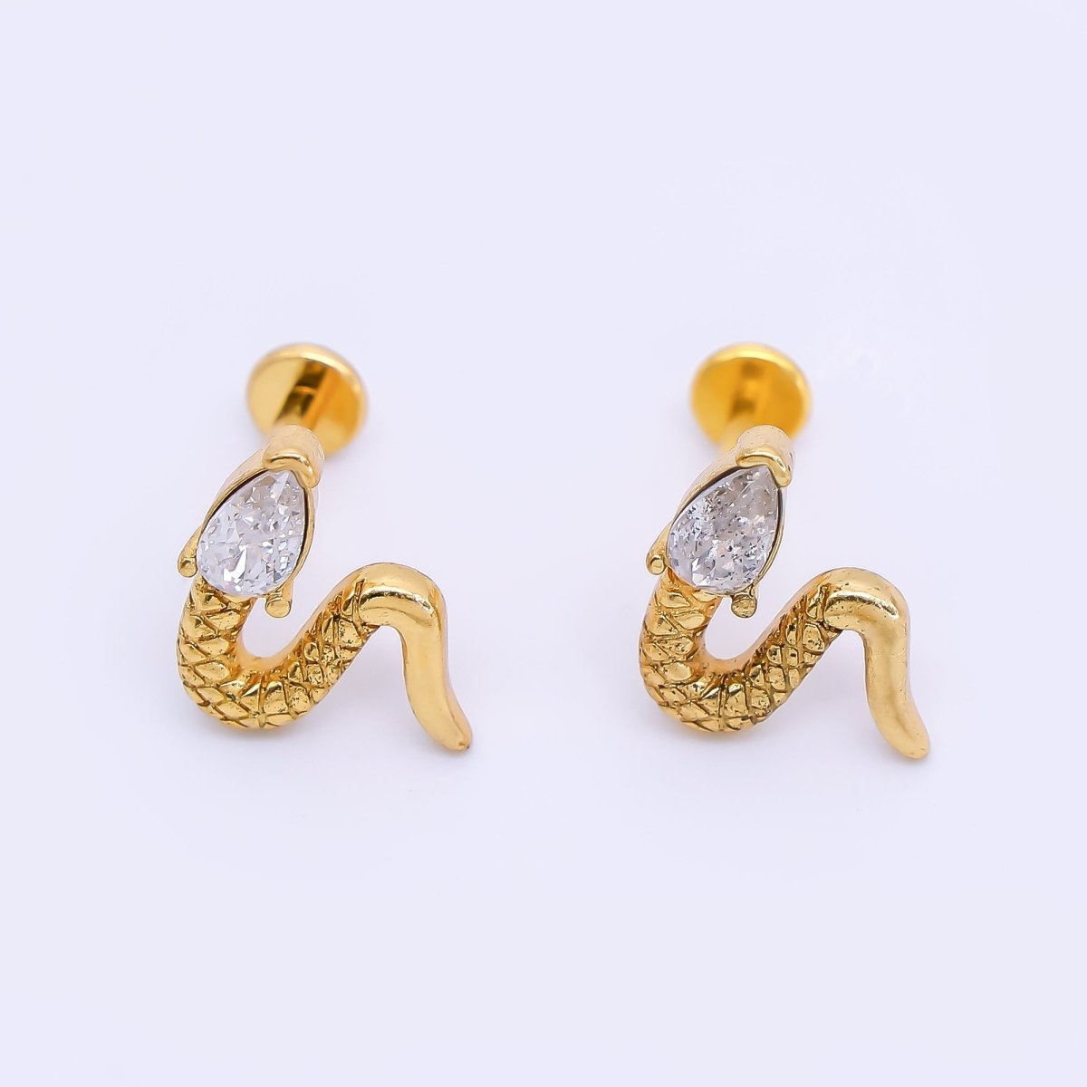 Gold Stainless Steel Clear CZ Teardrop Quilted Snake Serpent Mini Stud Earrings | AB1587