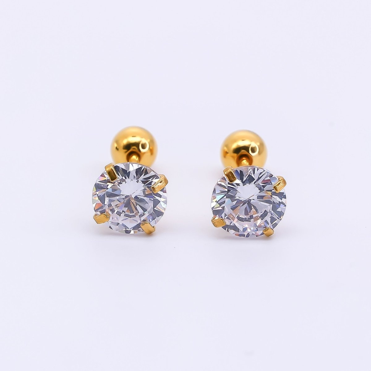 Gold Stainless Steel Clear CZ Classic Flat Back Stud Earrings | AB1567 - AB1571