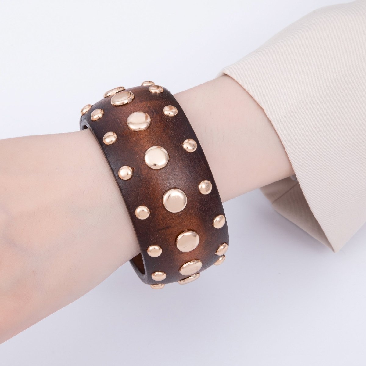 Gold Studded Wood Bangle Statement Bracelet | WA-04314