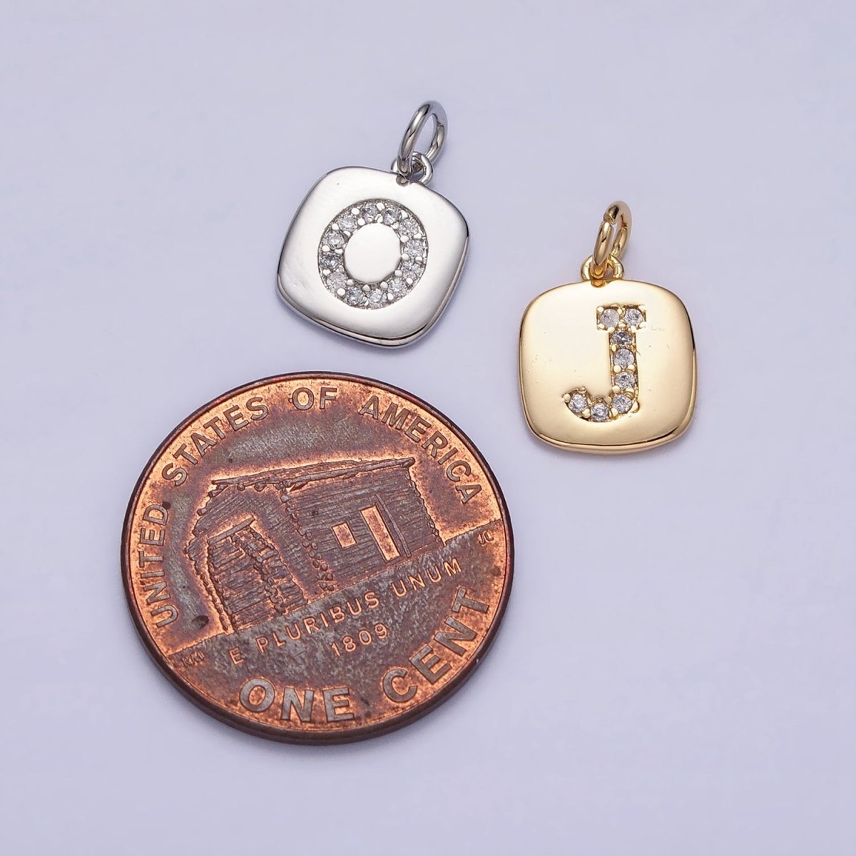 Gold Tag Square CZ Clear Micro Paved Initial Alphabet Dainty Personalized Name Tag Charm | A198-A210