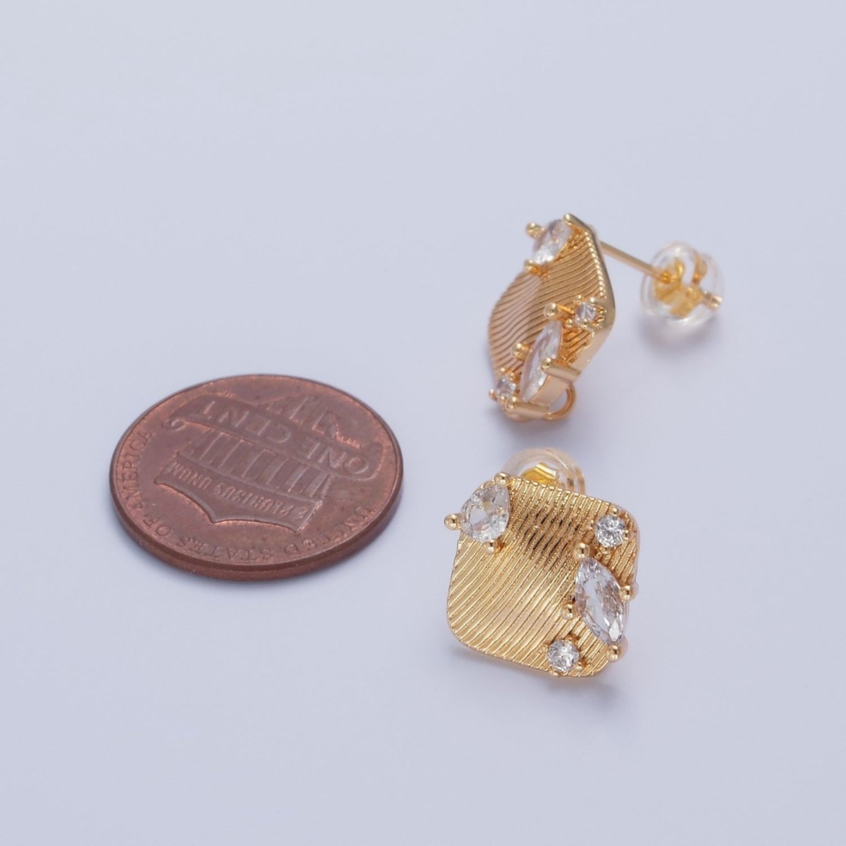 Gold Textured Rhombus Marquise Teardrop Round Cubic Zirconia Stud Drop Earrings Supply L-770