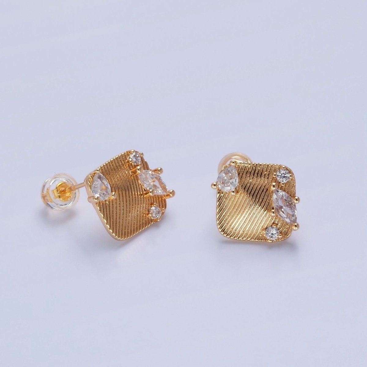 Gold Textured Rhombus Marquise Teardrop Round Cubic Zirconia Stud Drop Earrings Supply L-770