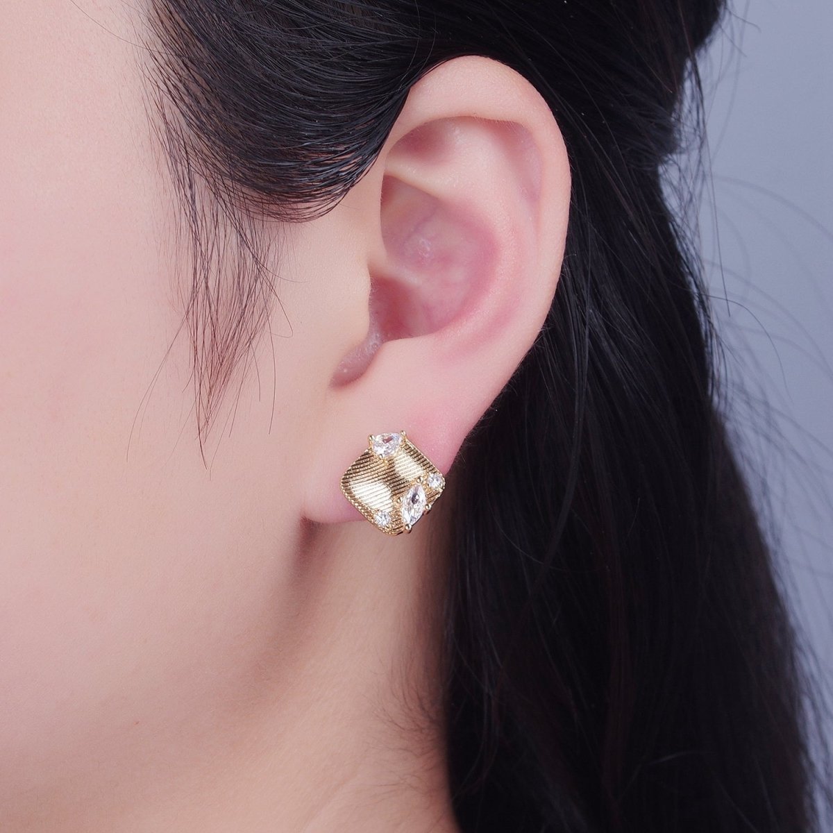 Gold Textured Rhombus Marquise Teardrop Round Cubic Zirconia Stud Drop Earrings Supply L-770