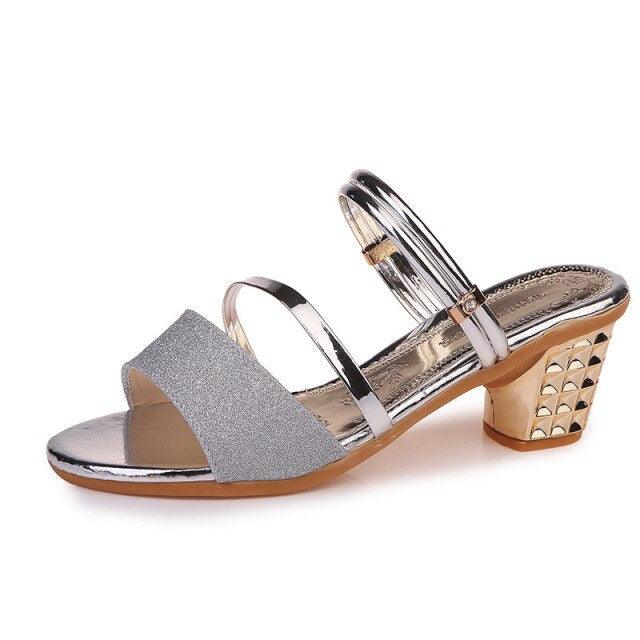 Gold Women Sandals Summer Open Toe High Heels Low Heel Shoes Ankle Strap High Women Sandals Women&