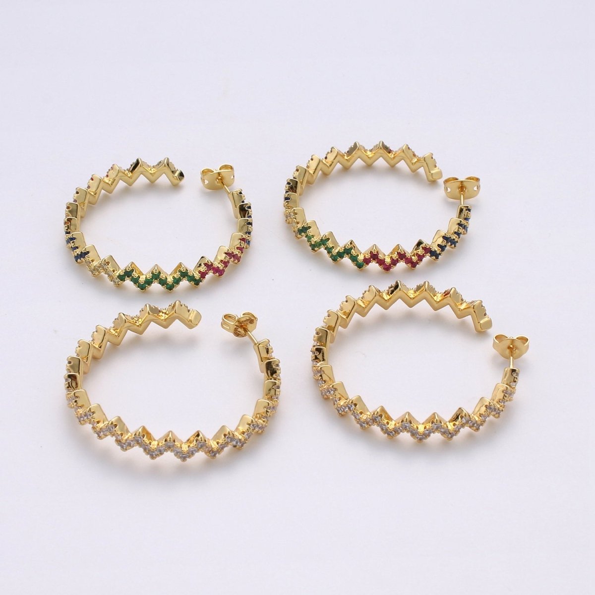 Gold Zig-Zag Hoop Earrings, Ziggy Open Hoop Earring Chevron Micro Pave Earring 14k Gold Filled Earring K-570 K-571