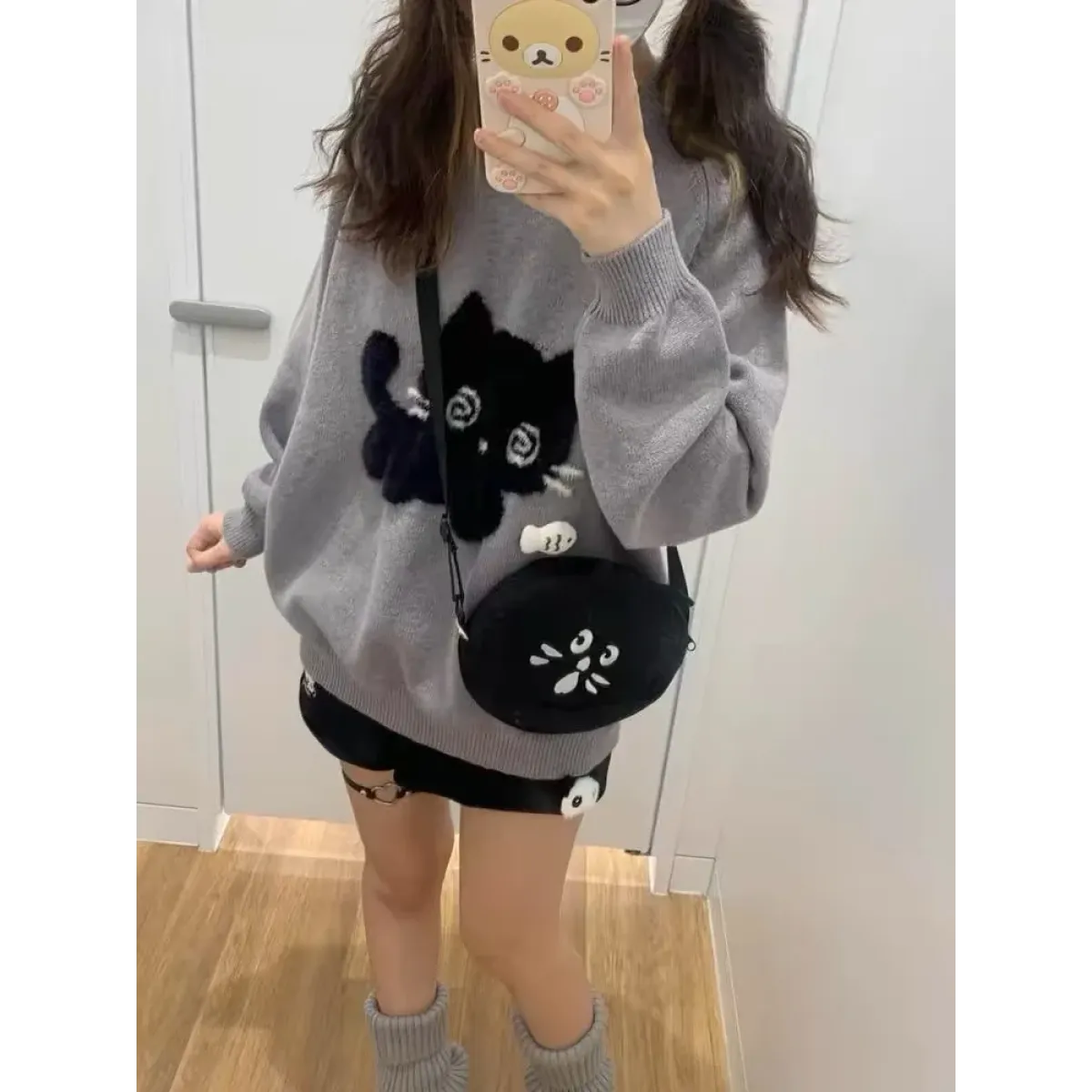 Gray Kawaii Cat Sweater Oversized Harajuku Soft Girl Pullover